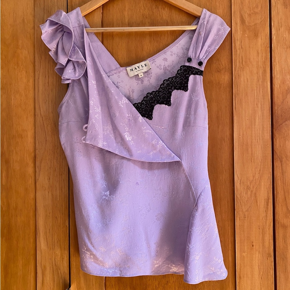 Mayle Lilac silk top with black lace size 6